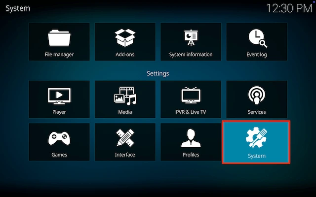 Select System in the Kodi GUI