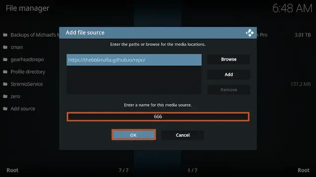 Click the box underneath marked Enter a name for this media source. Type 666 (it should already say it) then click OK