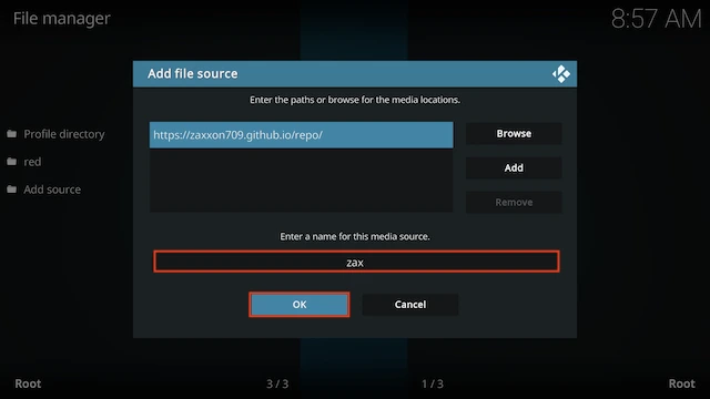 Highlight the box underneath marked Enter a name for this media source, type the name you wish to use for the repo then click OK