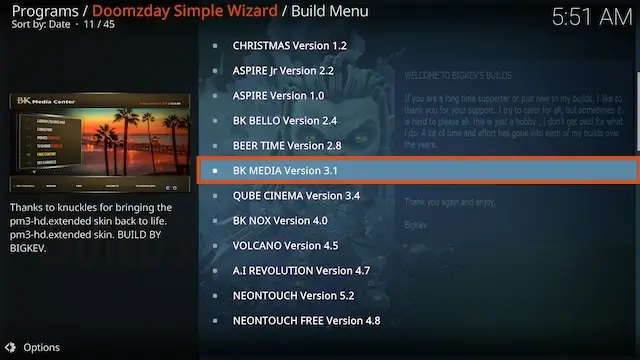 Scroll down and highlight the build BK Media