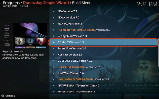 Scroll down and select COM-NBS build