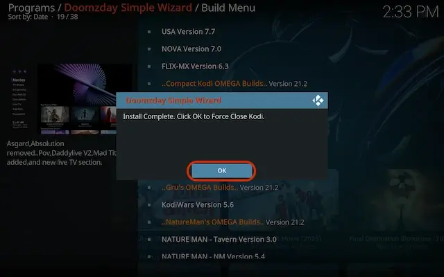 Select OK to force close Kodi