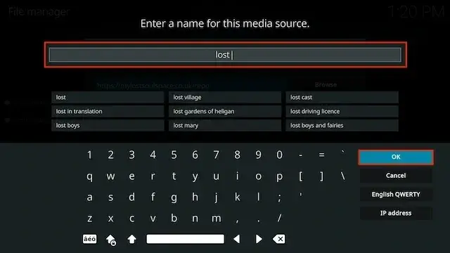 type lost then click ok