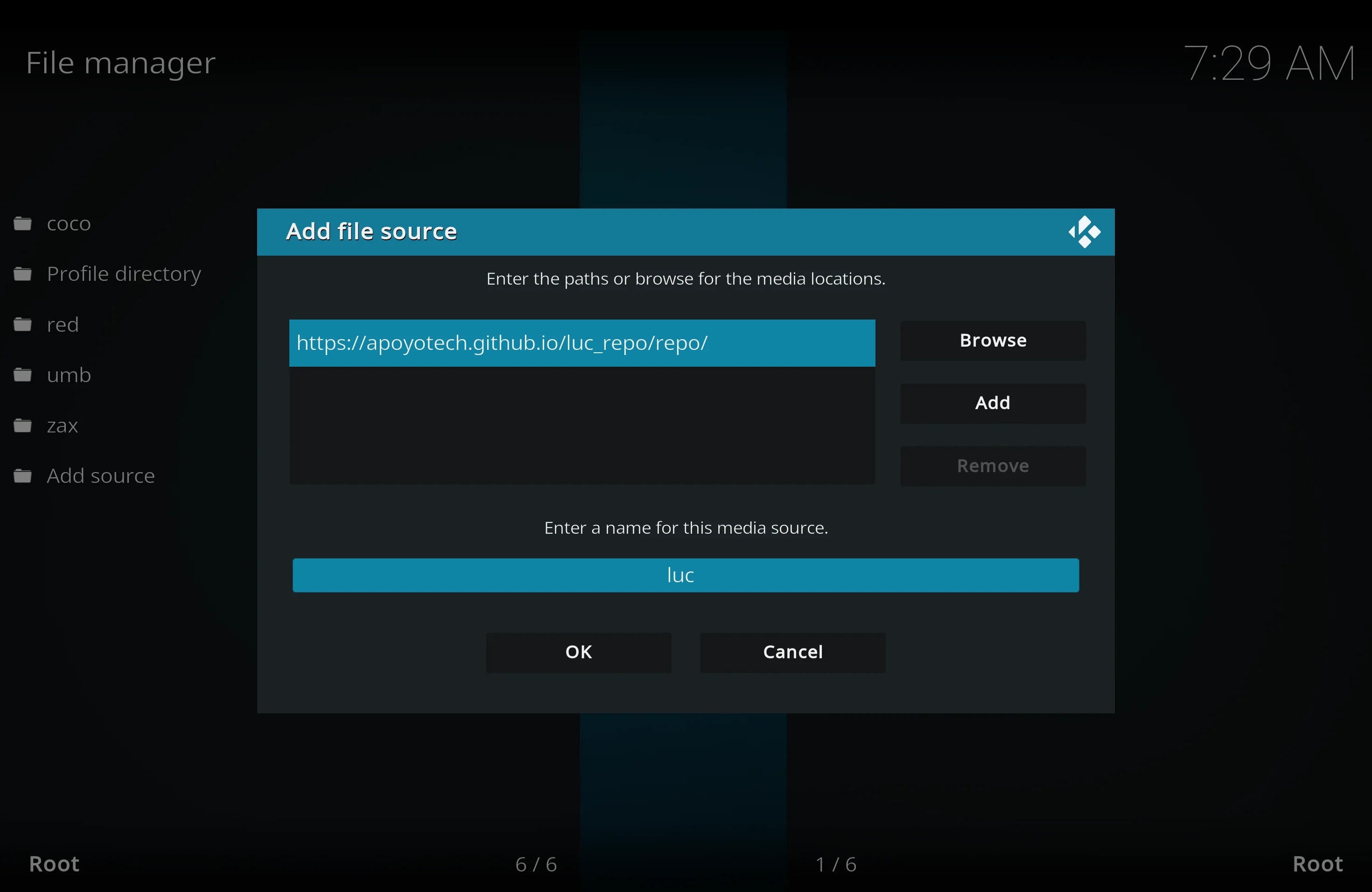 Highlight the box underneath marked Enter a name for this media source, type the name you wish to use for the repo then click OK
