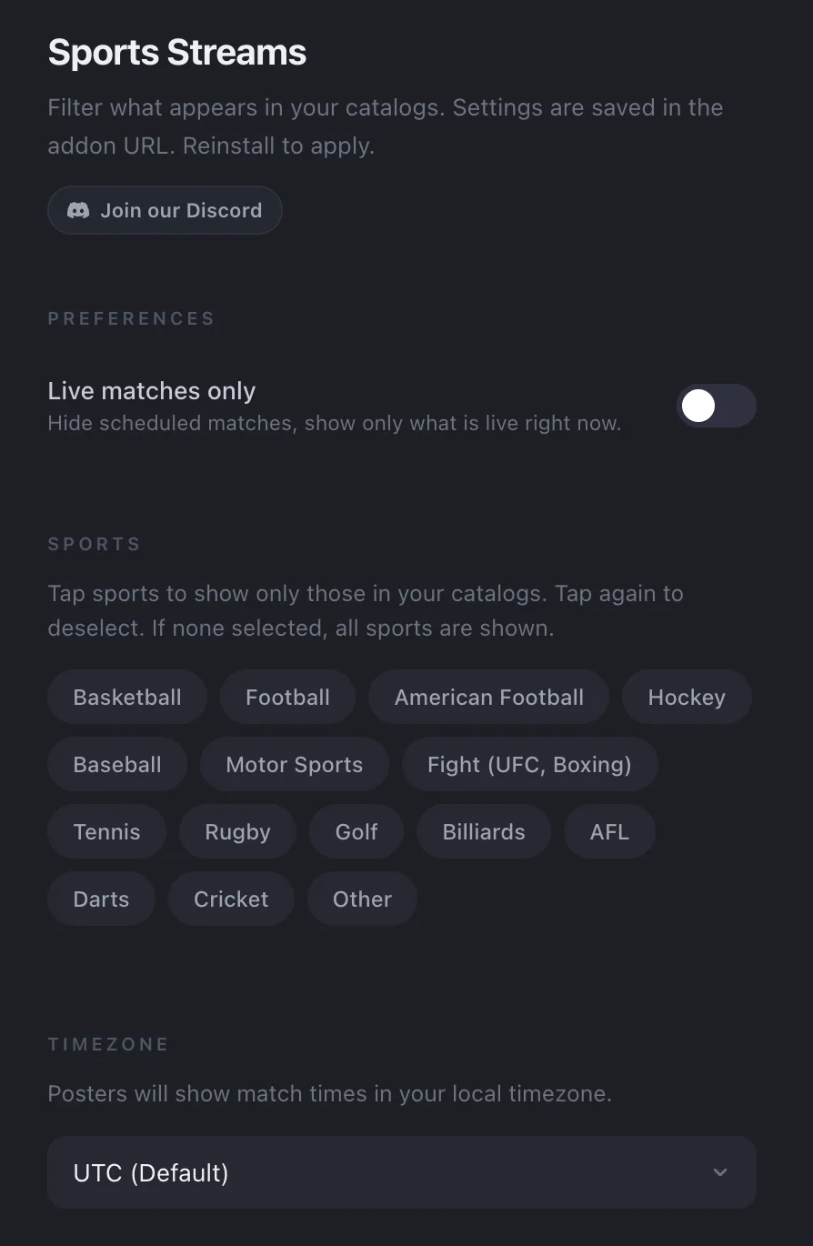 Sports Streams Config Page