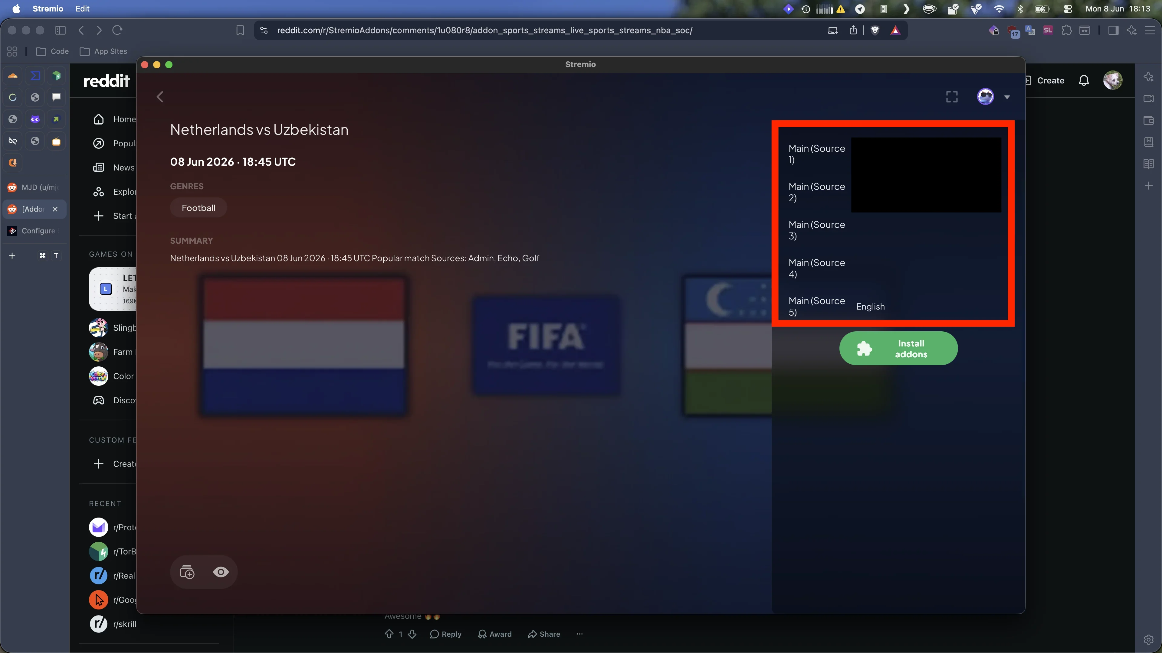 Sports Streams Config Page