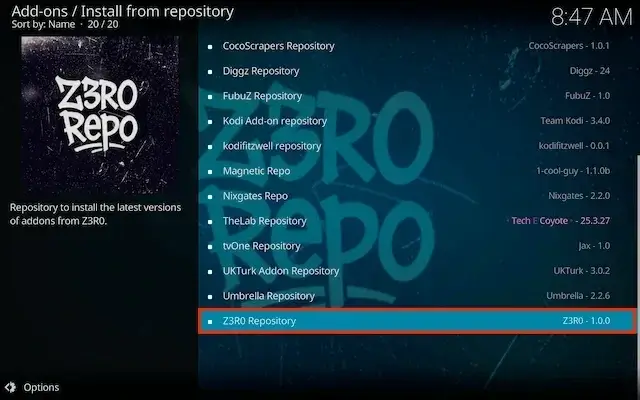 Select the Zero repository